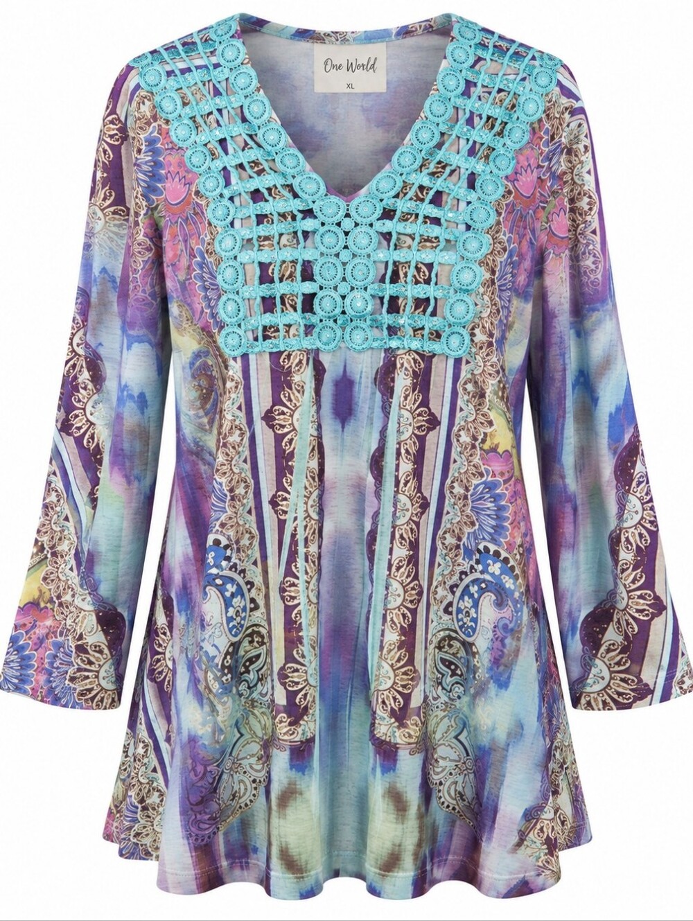 ONE WORLD | Boho Watercolor Wearable Art Floral Paisley Sequined Lace Tunic | XL